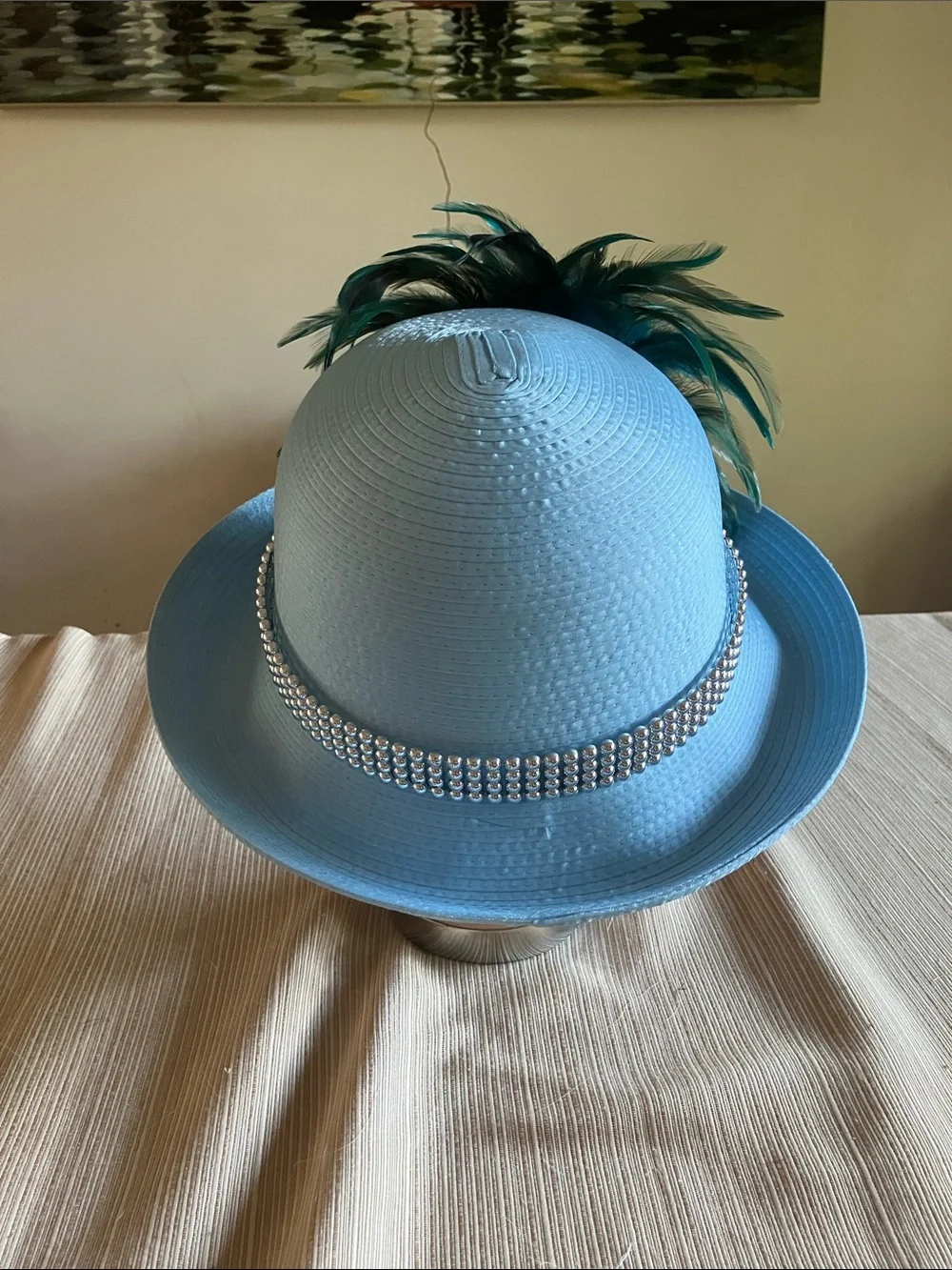 Chic Teal Feather Floral Accent Wide-Brim Hat